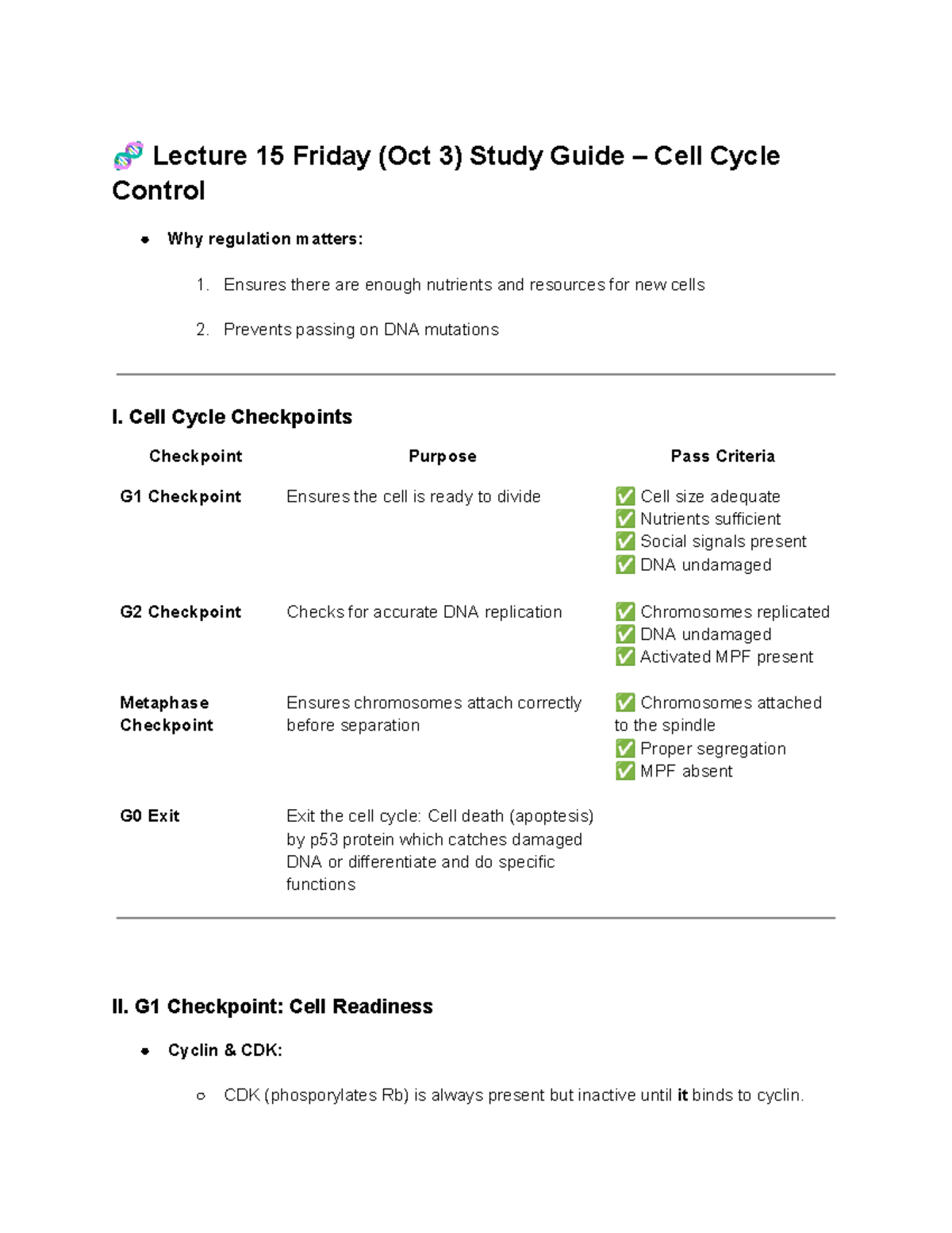 Lecture 15 Study Guide: Cell Cycle Control & Checkpoints - Studocu