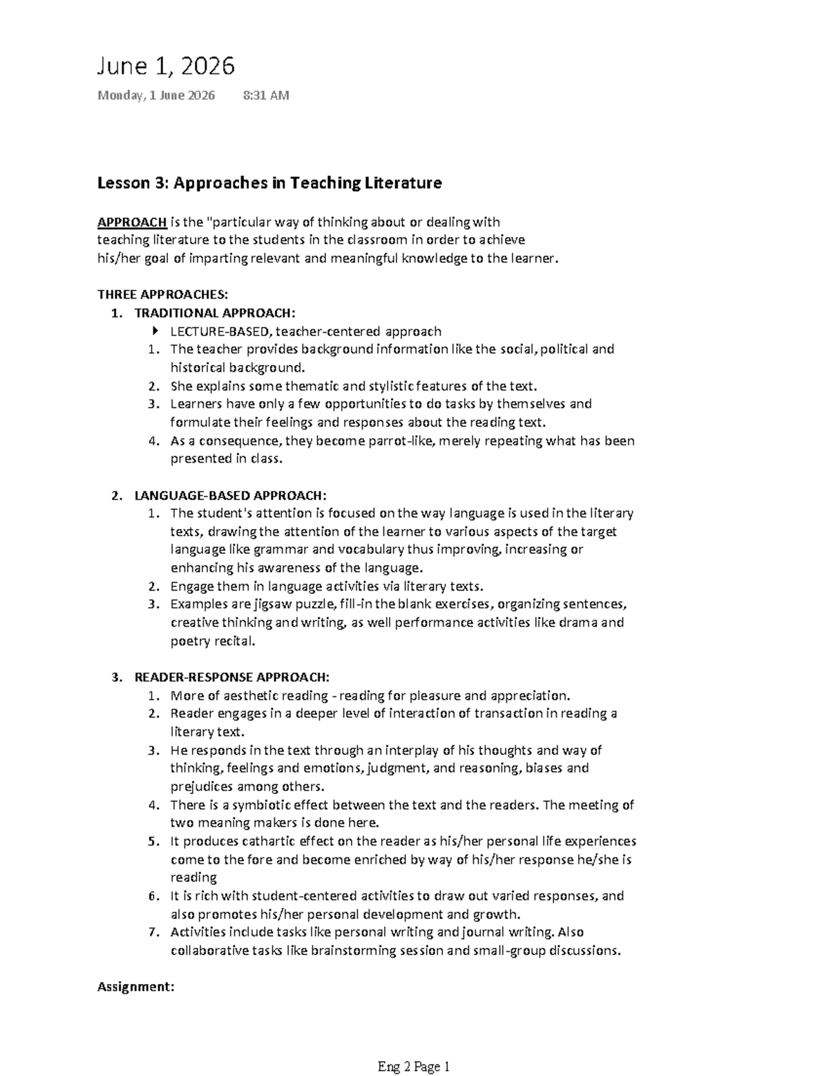 ENG 2 Lesson 3: Teaching Literature Approaches and Activities - Studocu