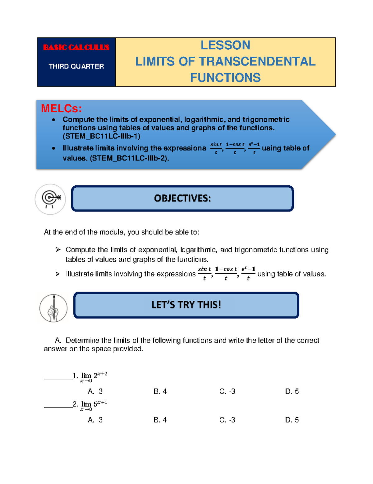 BASIC CALCULUS Q3 LESSON: LIMITS OF TRANSCENDENTAL FUNCTIONS - Studocu