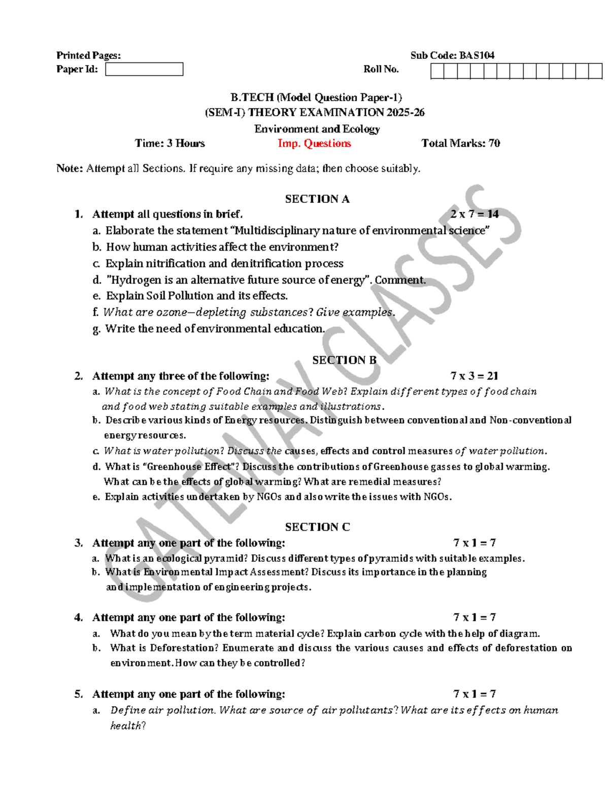BAS104 B.TECH Environment and Ecology: Important Questions for Theory ...