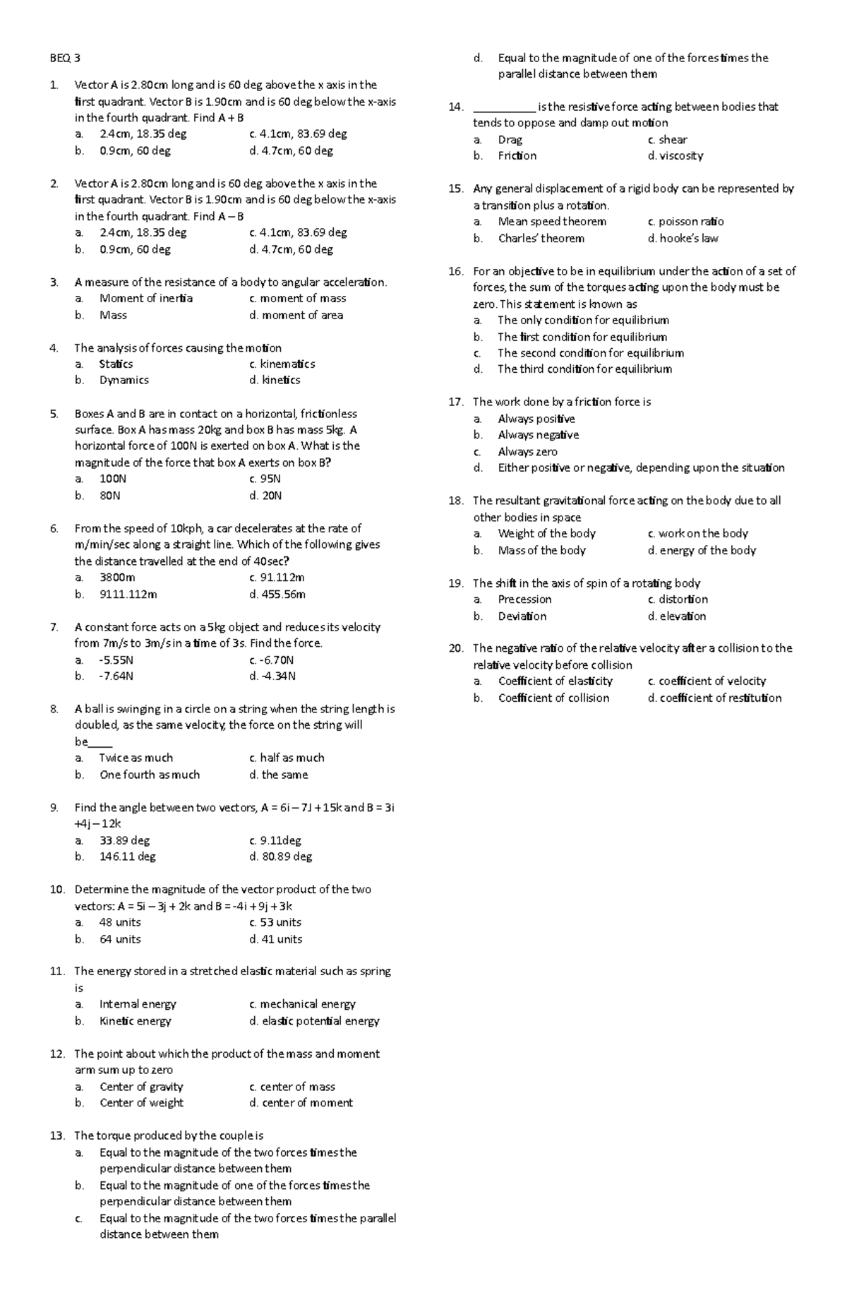 BEQ 3 - Vector Analysis and Dynamics Quiz Solutions - Studocu
