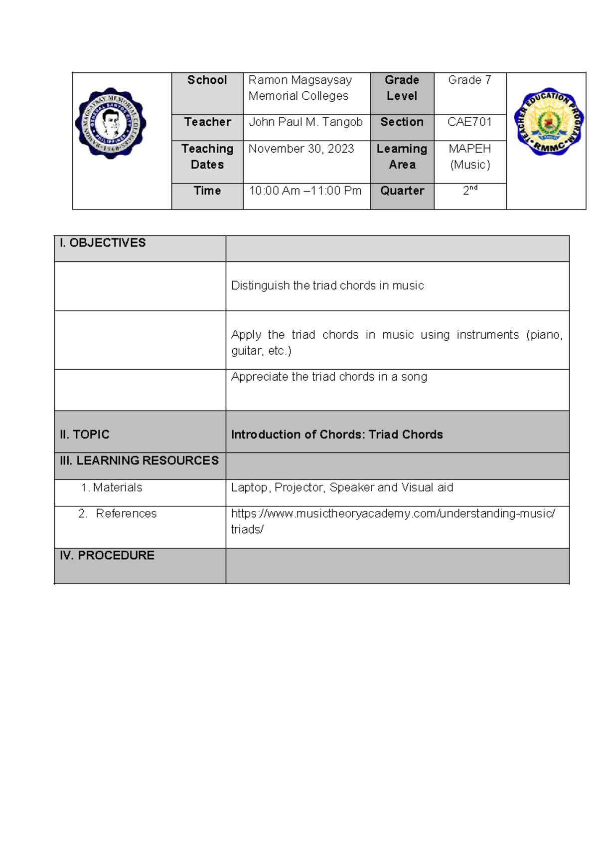 Grade 7 MAPEH Music Lesson Plan on Triad Chords by J.P. Tangob - Studocu