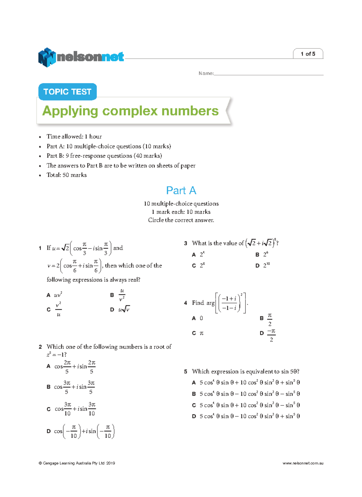 Applying Complex Numbers - Topic Test (1 of 5) - Studocu