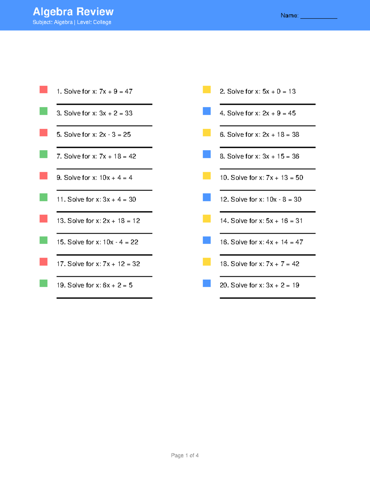 Algebra Review (College) - Problem Set and Answer Key - Studocu
