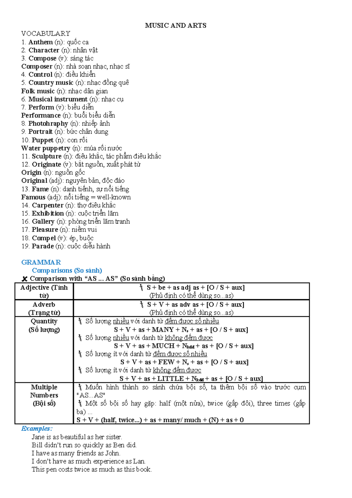 MUSIC AND ARTS VOCABULARY - Lesson 7 Notes - Studocu