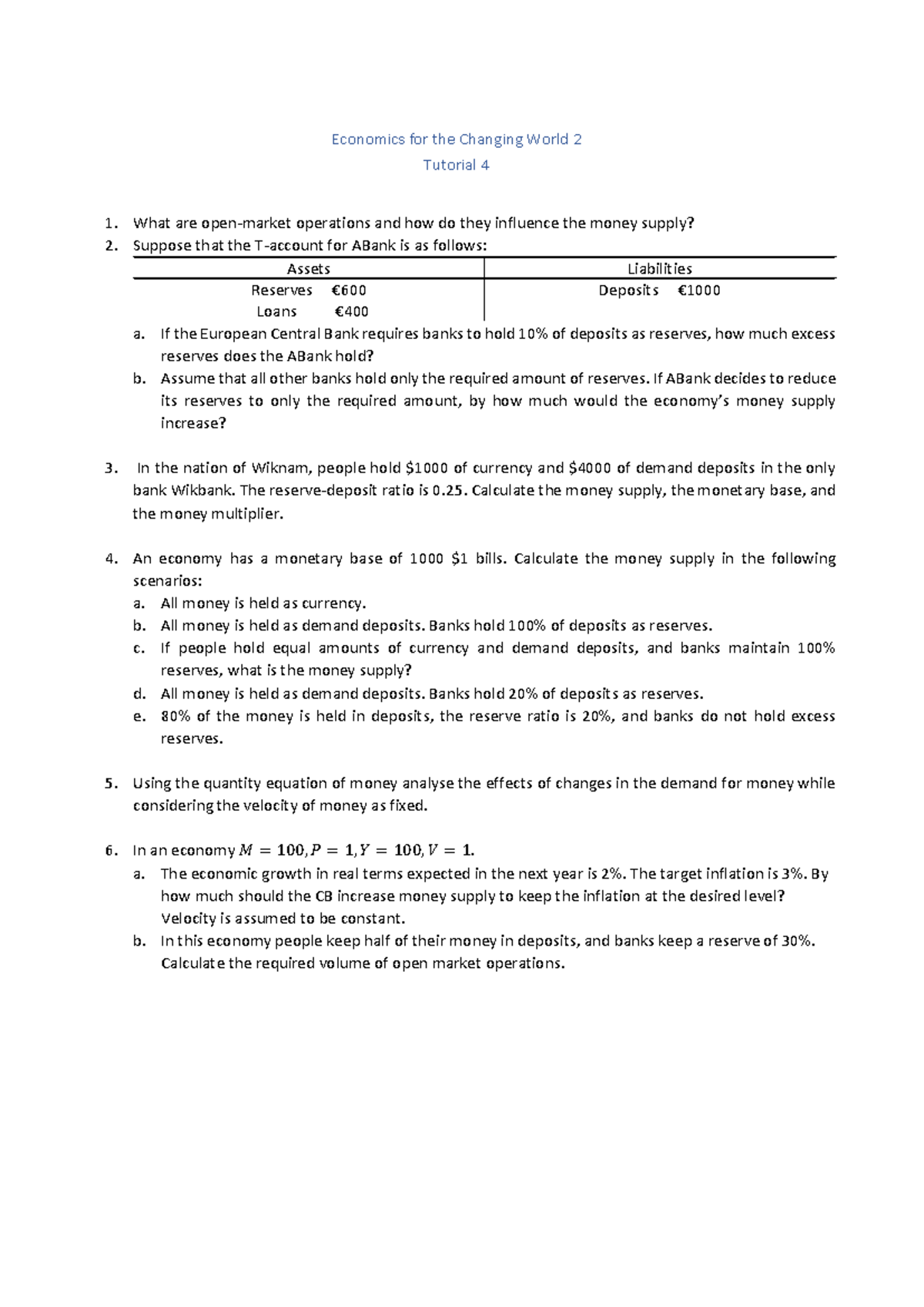 ECW Tutorial 4 - Money Supply and Banking Operations Questions ...