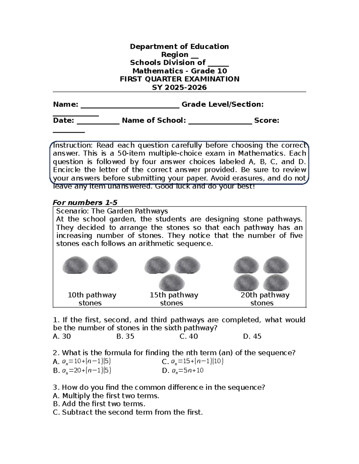 Mathematics 10 Q1 MELC Final Exam Review and Practice Questions - Studocu