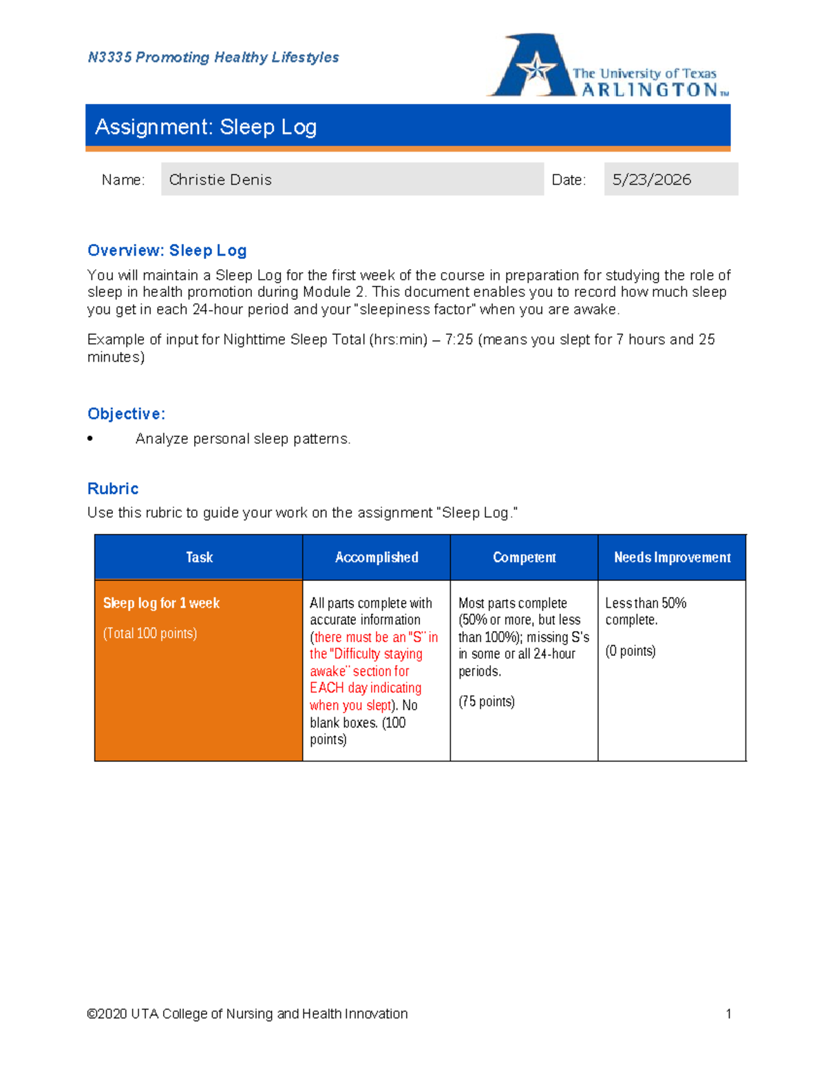 Sleep Log Assignment: Tracking Sleep Patterns for Health Promotion ...