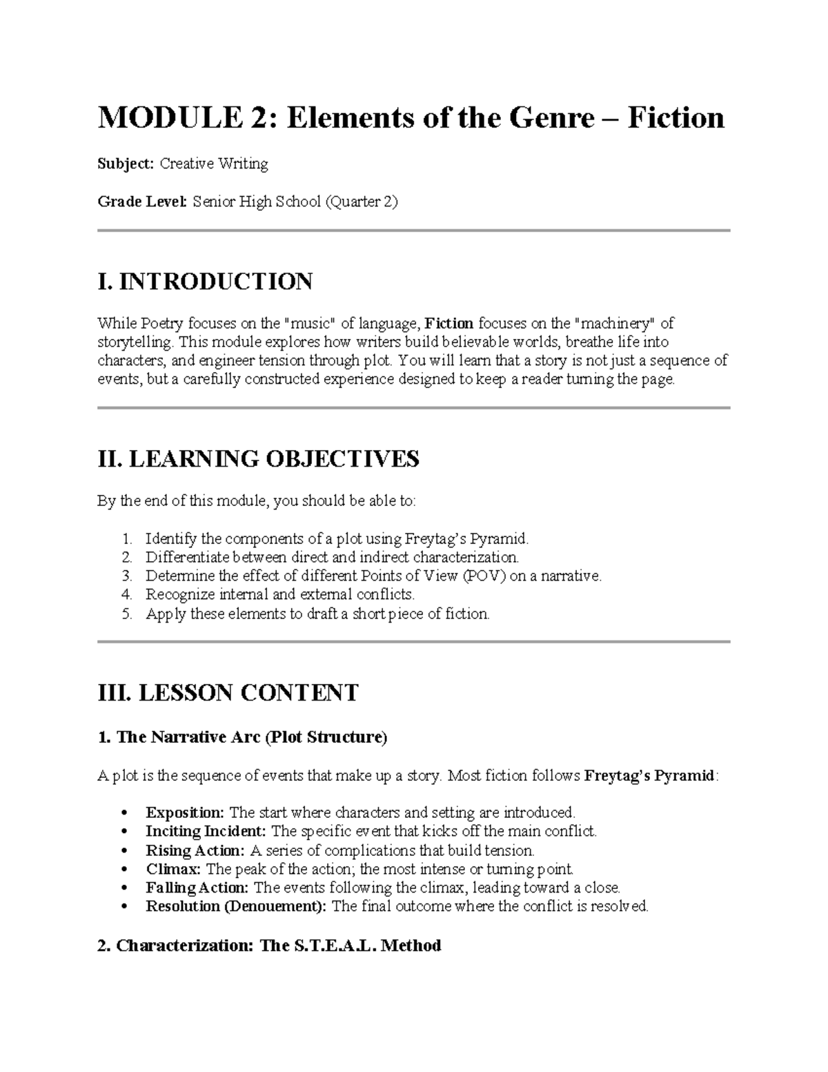 Creative Writing 12: Module 2 - Elements of Genre Fiction - Studocu