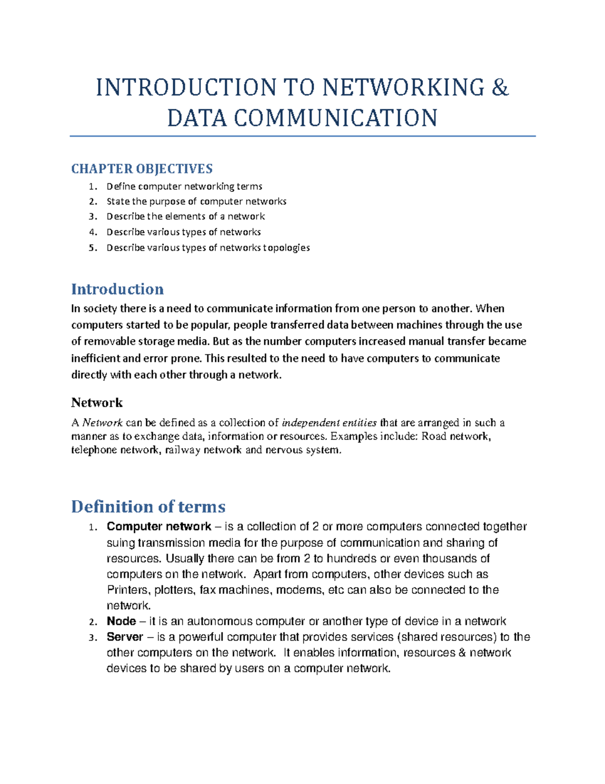 Introduction to Networking & Data Communication: Chapter Objectives ...