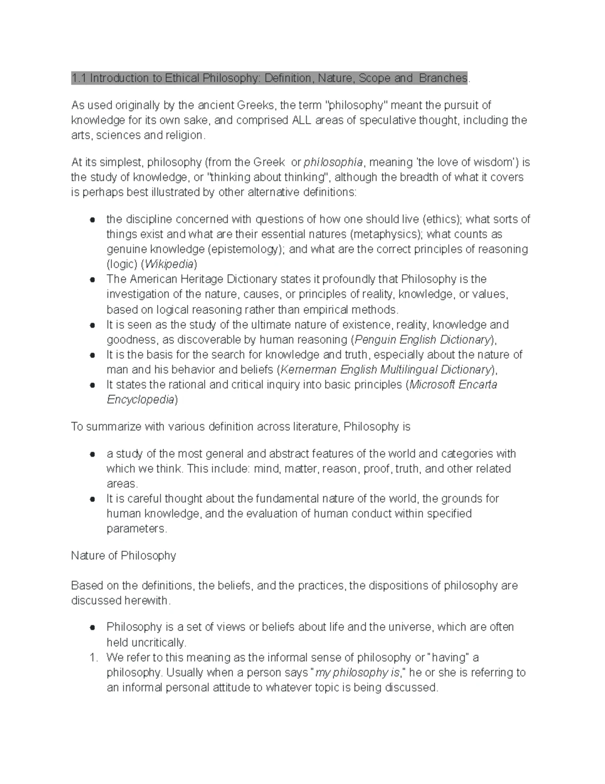 Professional Ethics Lecture Notes 1: Understanding Ethical Philosophy ...