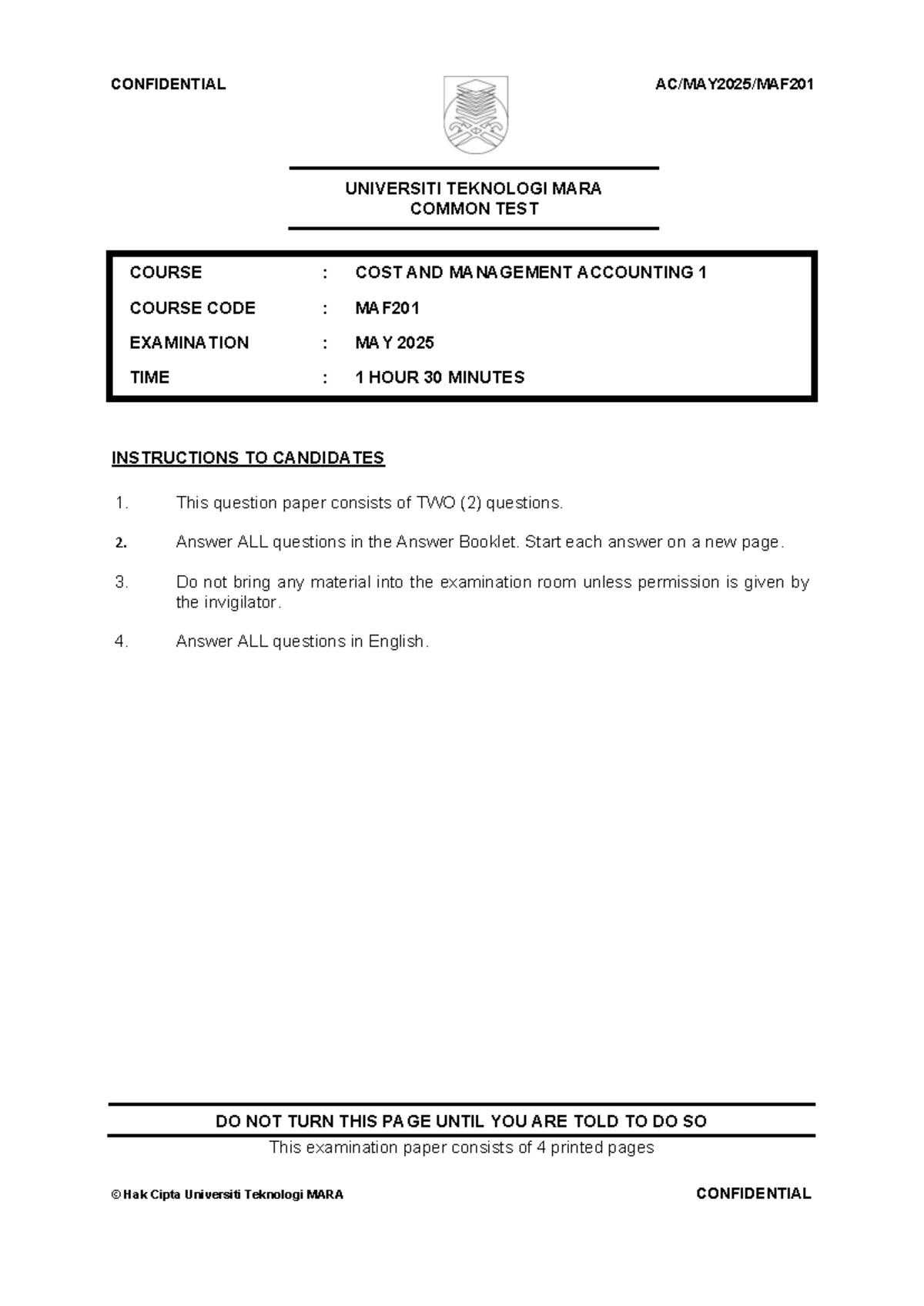 2025 MAF201 Common Test - Cost & Management Accounting 1 - Studocu