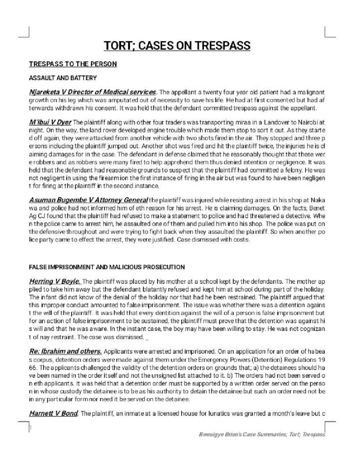 Case Summaries: Tort Law on Trespass (PHOENIX) - Studocu