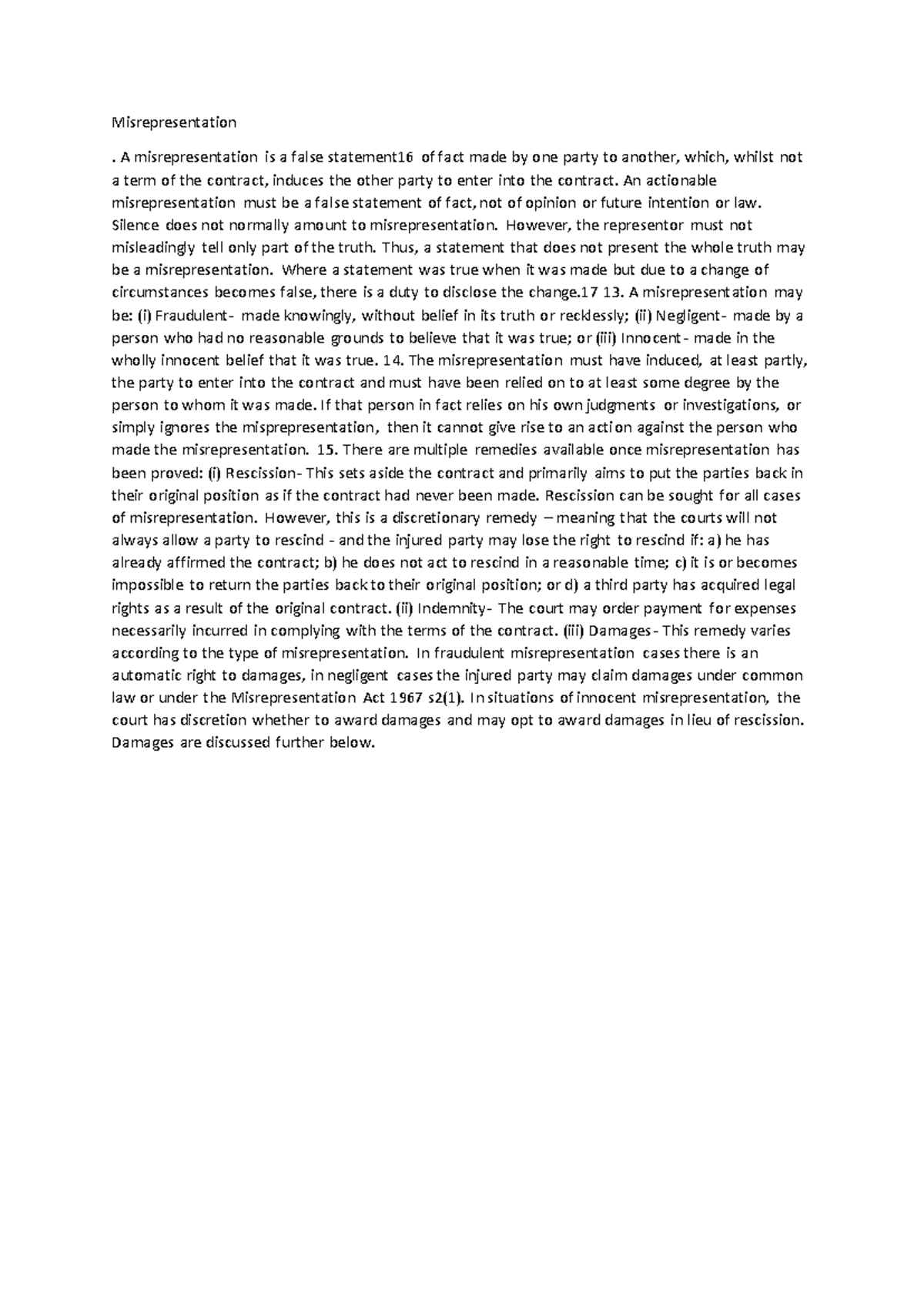 Misrepresentation - VERY HELPFUL MATERIAL FOR BUSINESS LAW AND CONTRACT ...