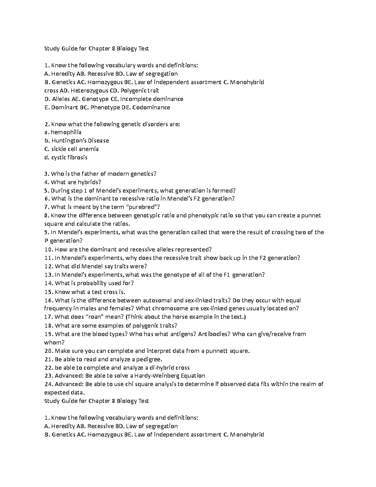 Study Guide for Biology Test - Chapter 8 (Genetics and Heredity ...