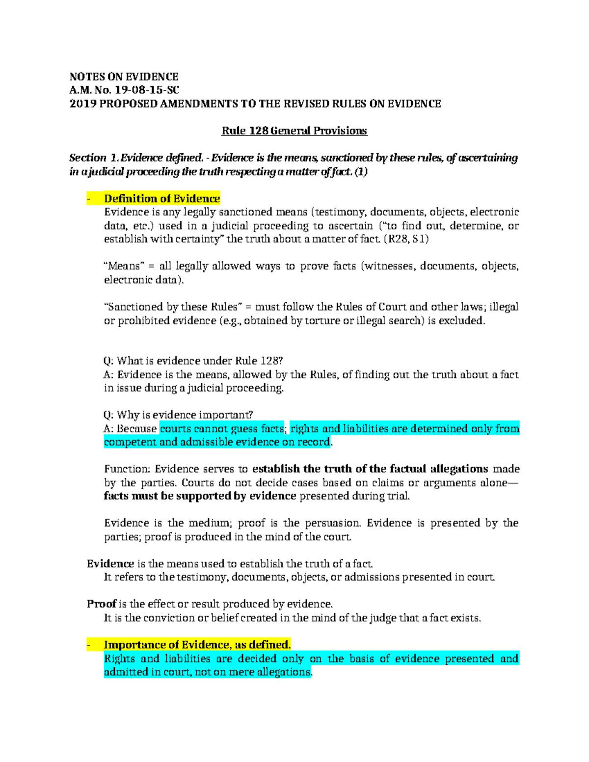 A.M. No. 2019 Evidence Notes: Proposed Amendments to Rule 128 - Studocu