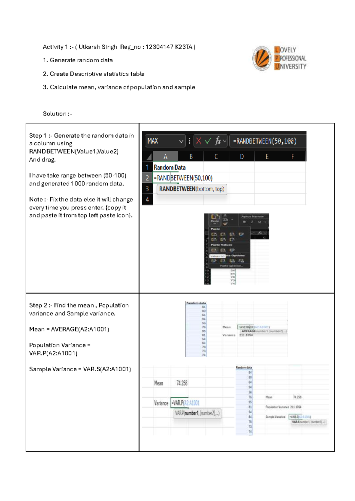 Activity 1 (K23TA): Generating Random Data & Descriptive Stats - Studocu