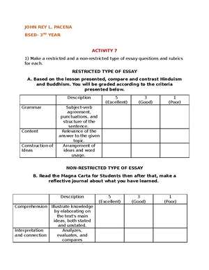 Matching TYPE TEST - JOHN REY L. PACENA BSED-3RD YEAR I. Give at least ...