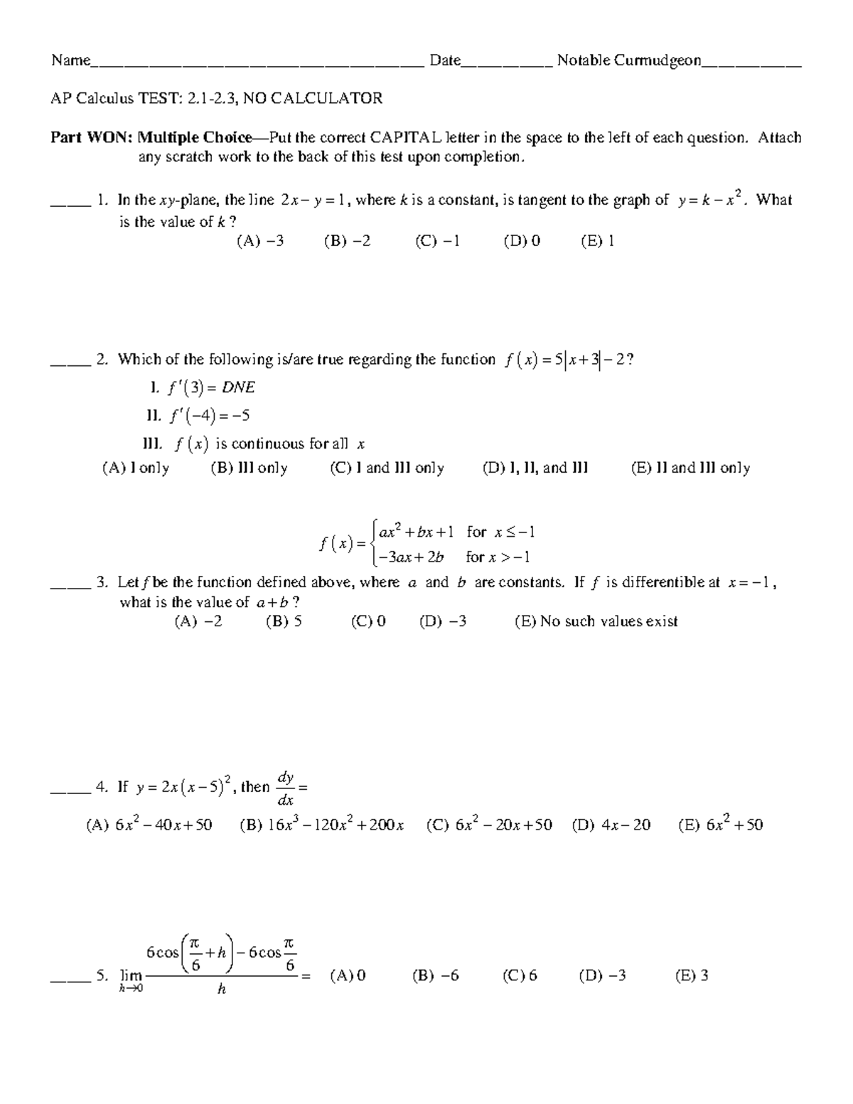 2.1-2.3 2015 - Practice for AP Calc - Name ...
