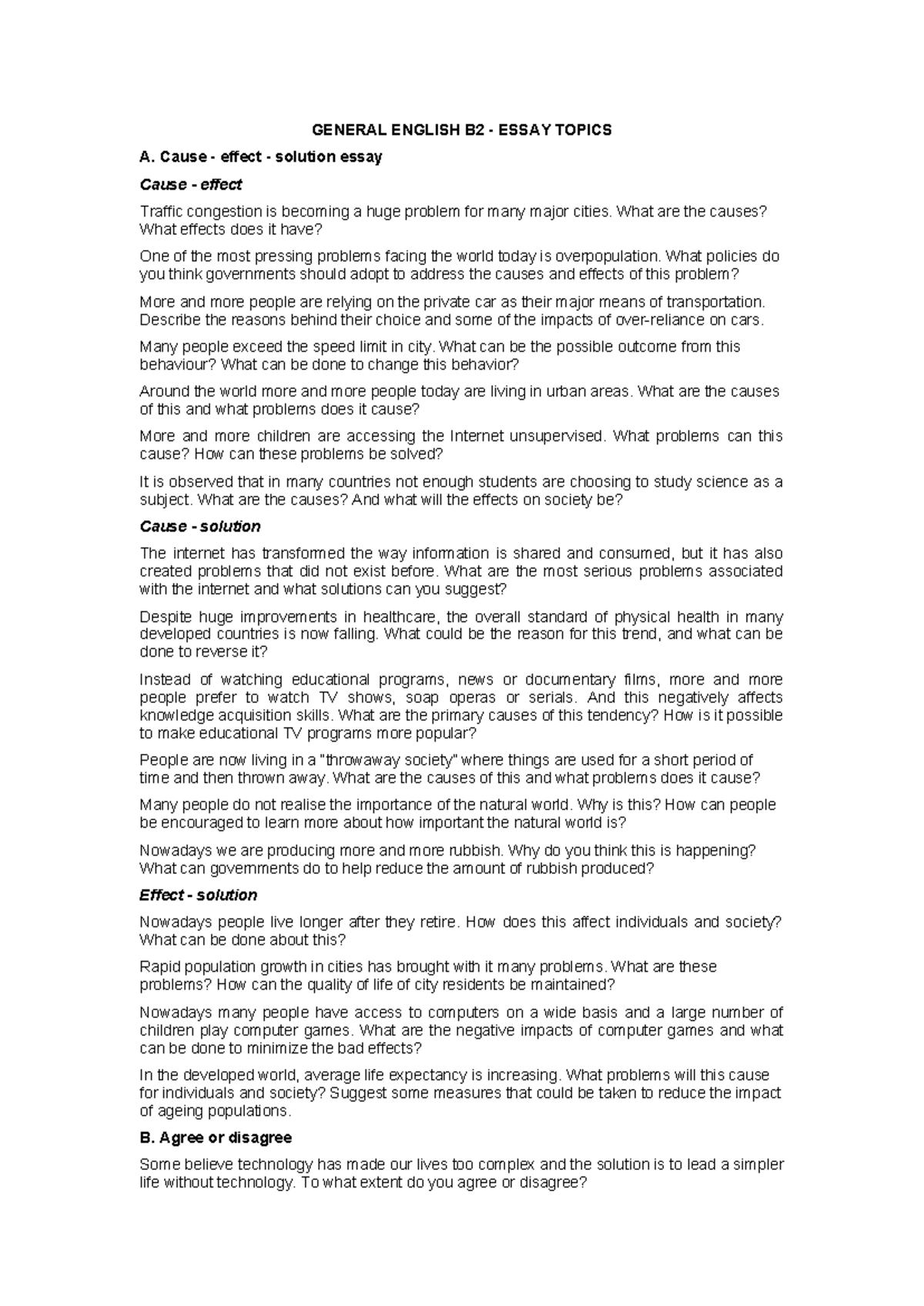 B2 General English Essay Topics: Cause-Effect & Agree/Disagree - Studocu