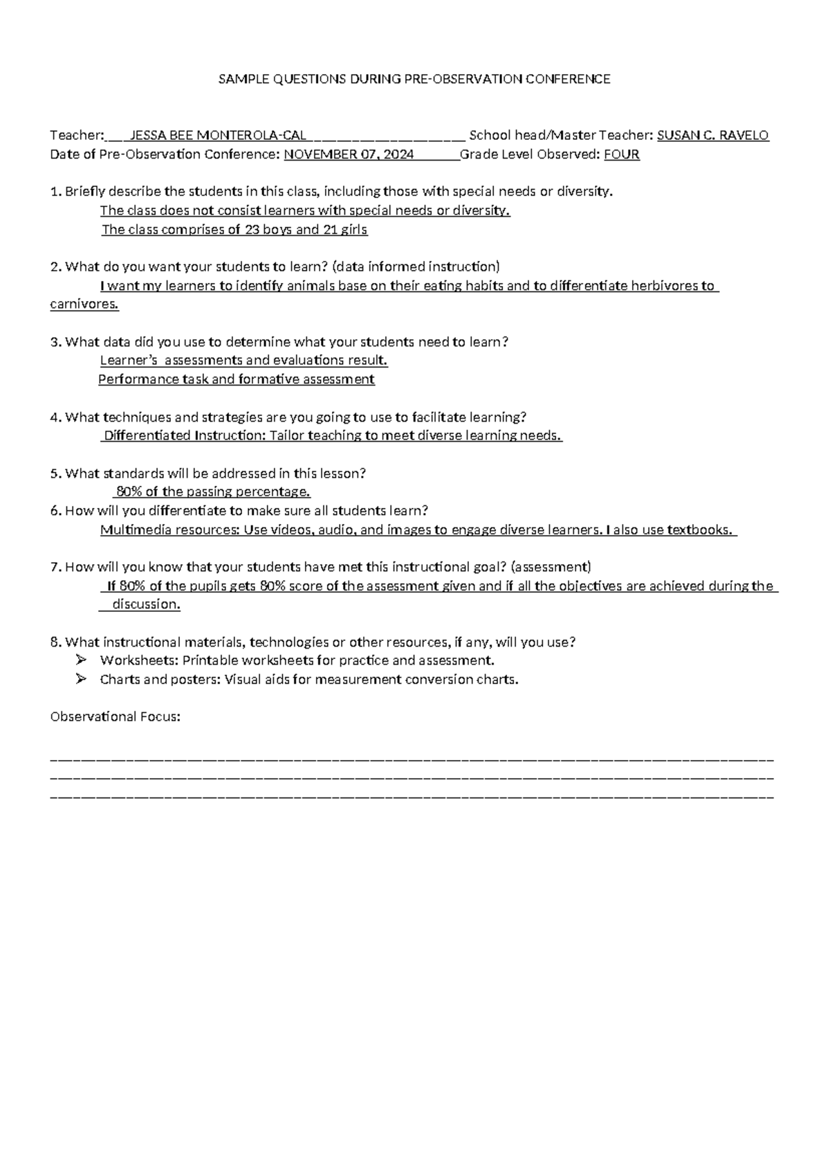 Questions During PRE obseravtion JAM Q2 - SAMPLE QUESTIONS DURING PRE ...
