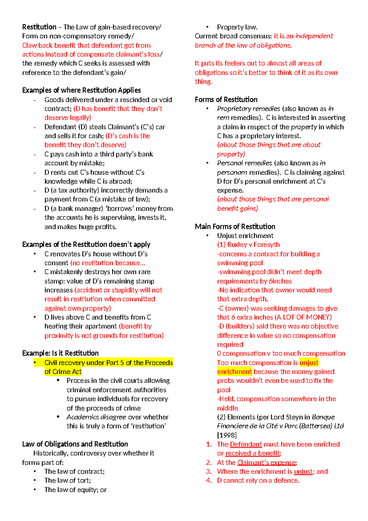 Restitution Notes: Gain-Based Recovery in Law of Obligations - Studocu