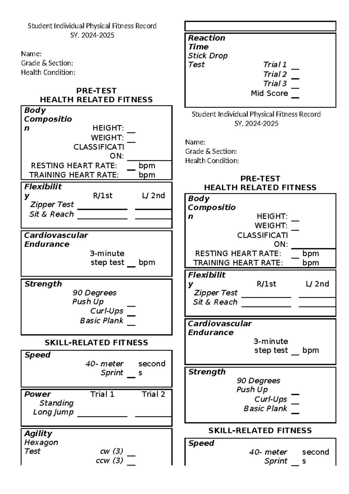 Student Individual Physical Fitness Record SY: Health & Fitness ...