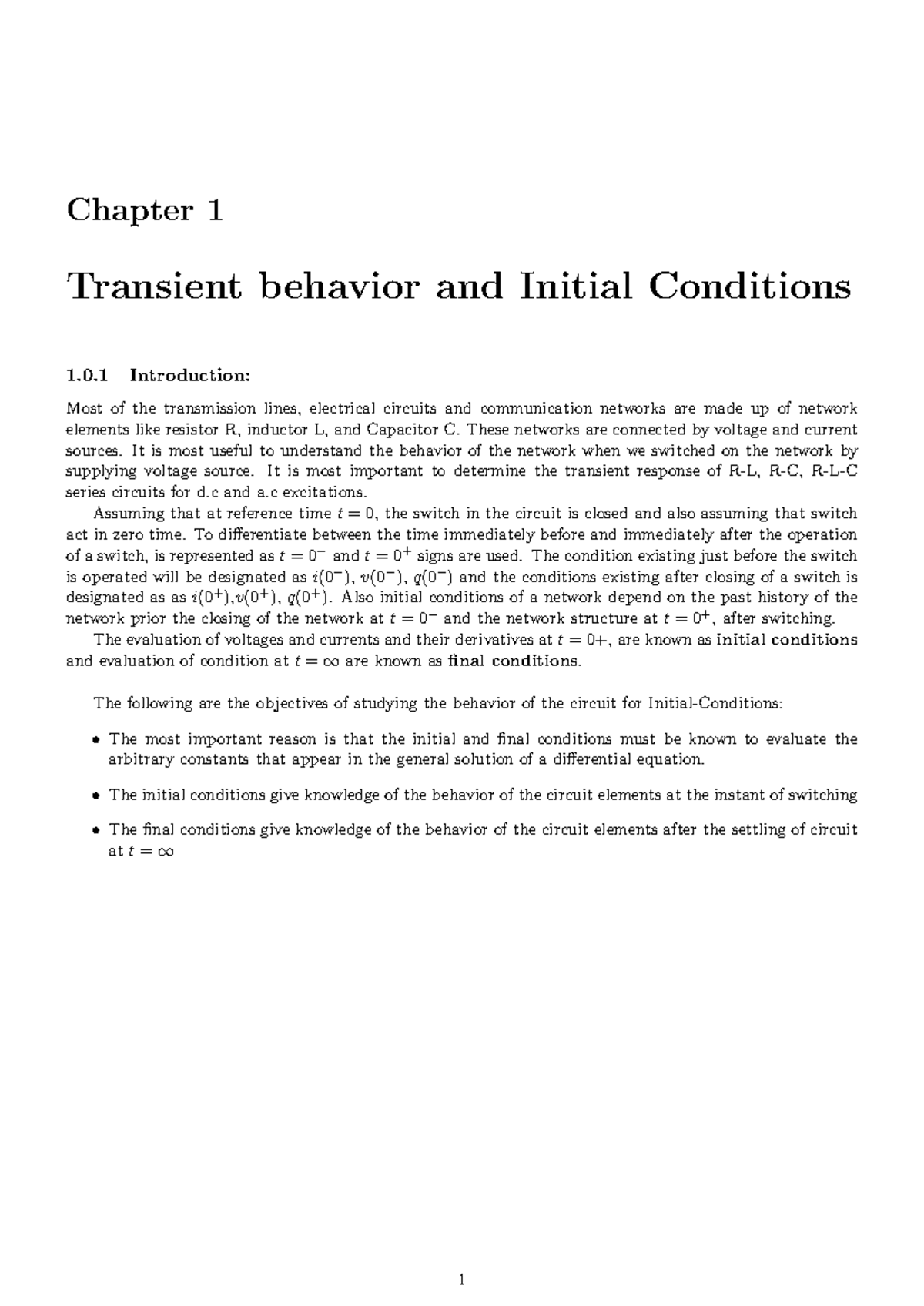 Initial Conditions - Lecture Notes for Module 3: Transient Behavior ...