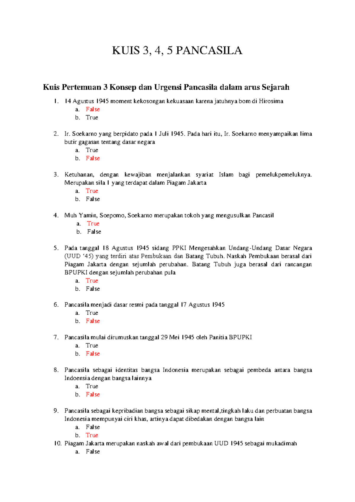 KUIS 3, 4, 5 Pancasila: Pertanyaan dan Jawaban Kuis Lengkap - Document Preview