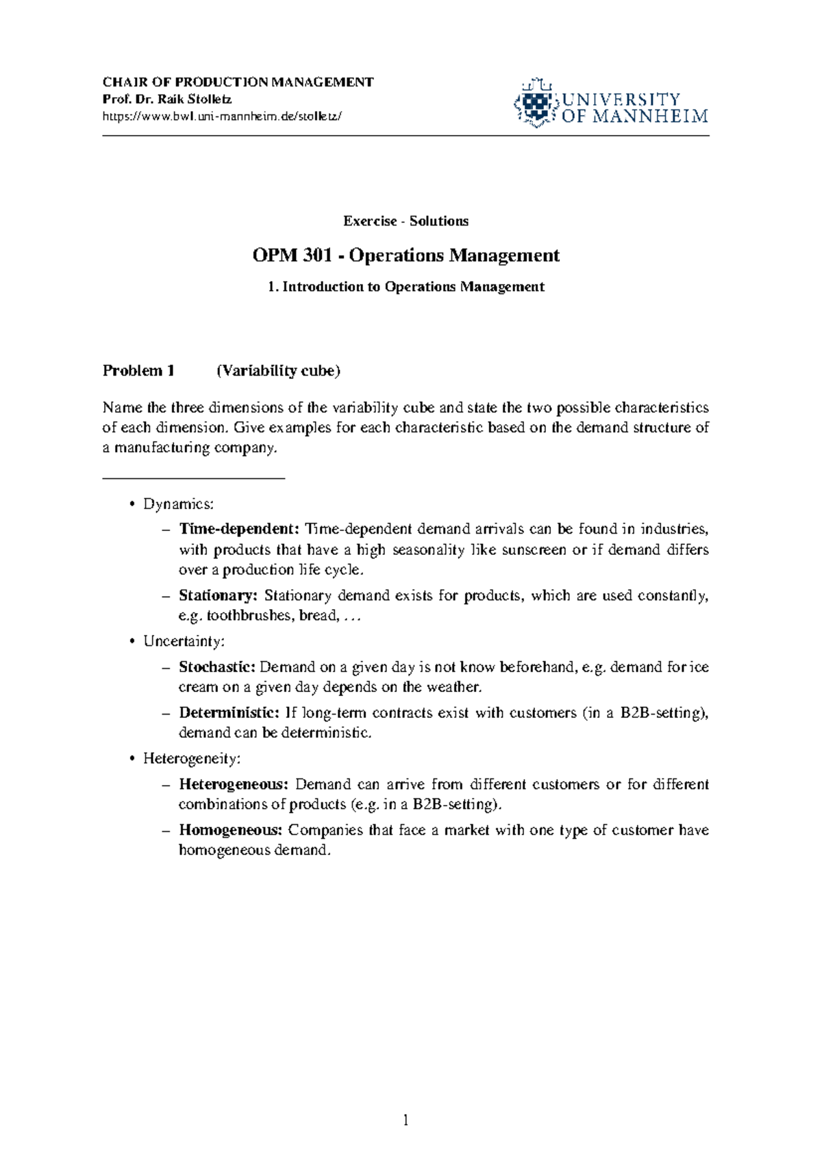 Exercise 01: Intro to OPM 301 - Variability Cube Solutions - Studocu