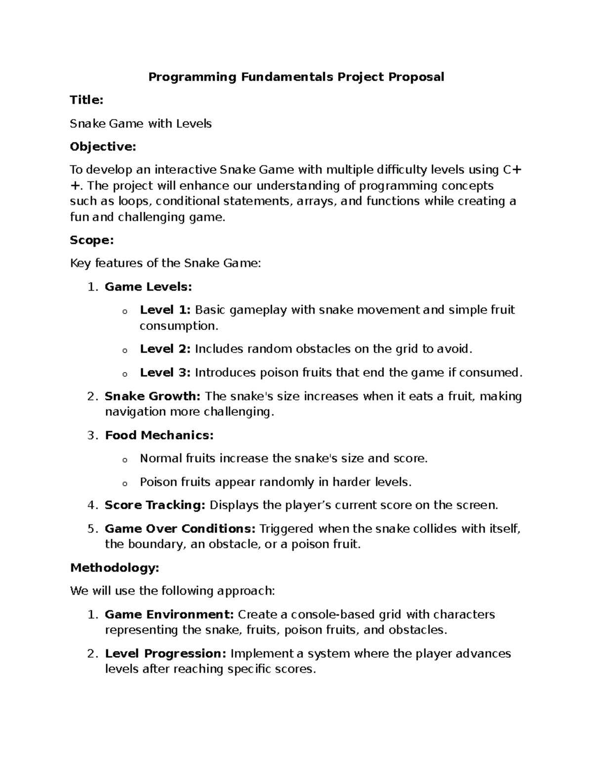 Programming Fundamentals (CS101): Snake Game Project Proposal - Studocu