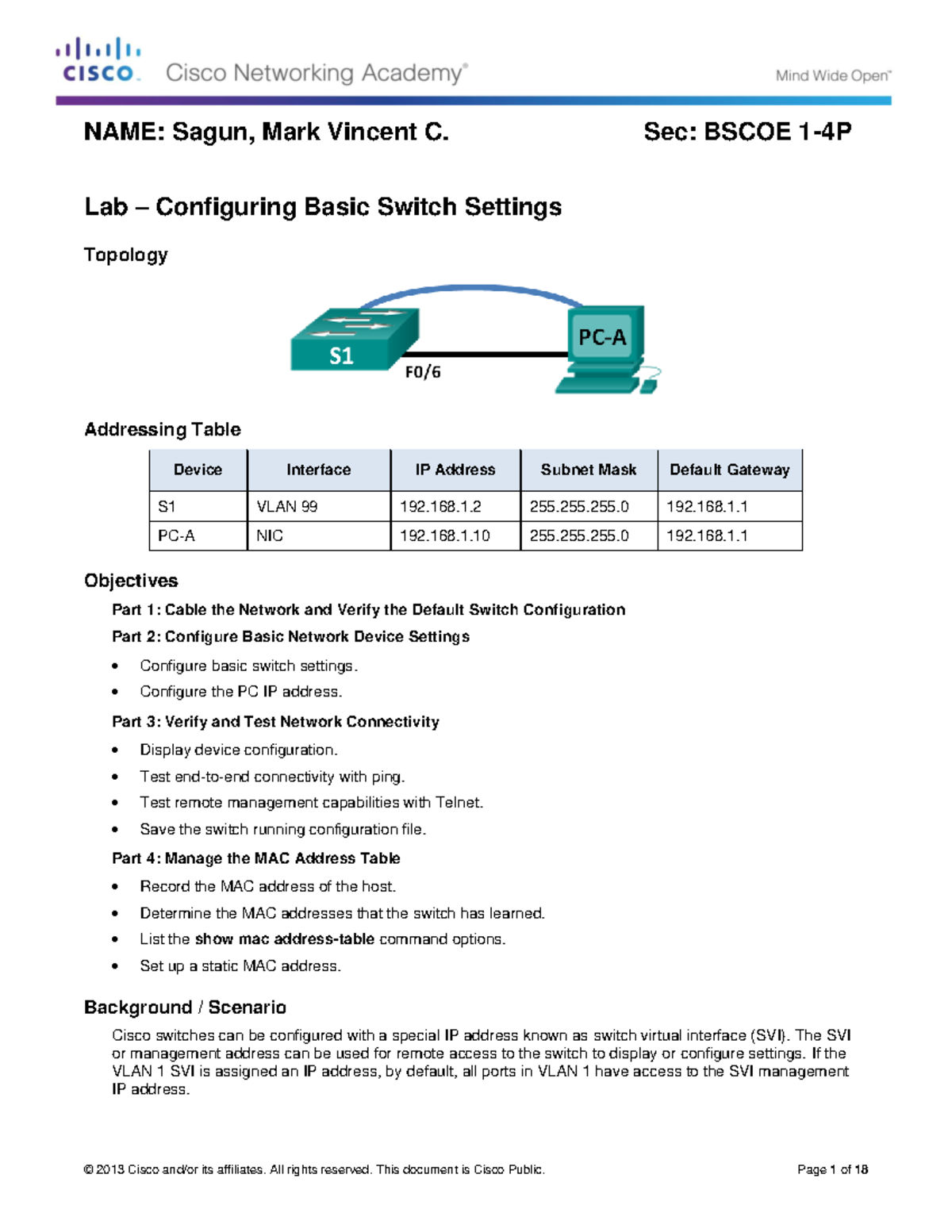 Mod01Lab 2.1.1.6 - Basic Switch Settings Configuration Lab Guide - Studocu