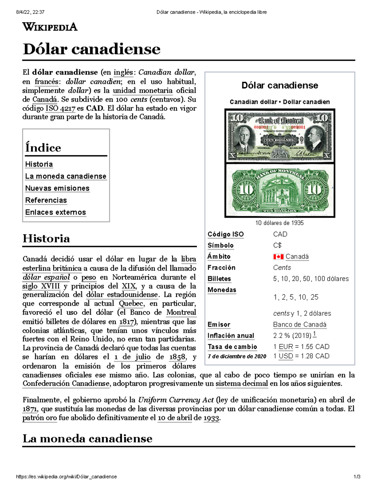 Información sobre el Dólar Canadiense (CAD) - Wikipedia - Studocu