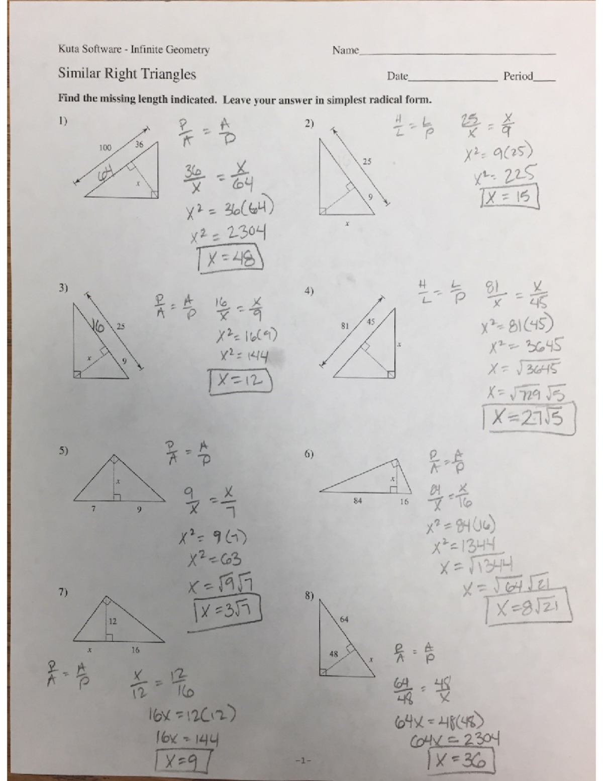 Geometric Mean KEY - Answer Key for Similar Right Triangles - Studocu