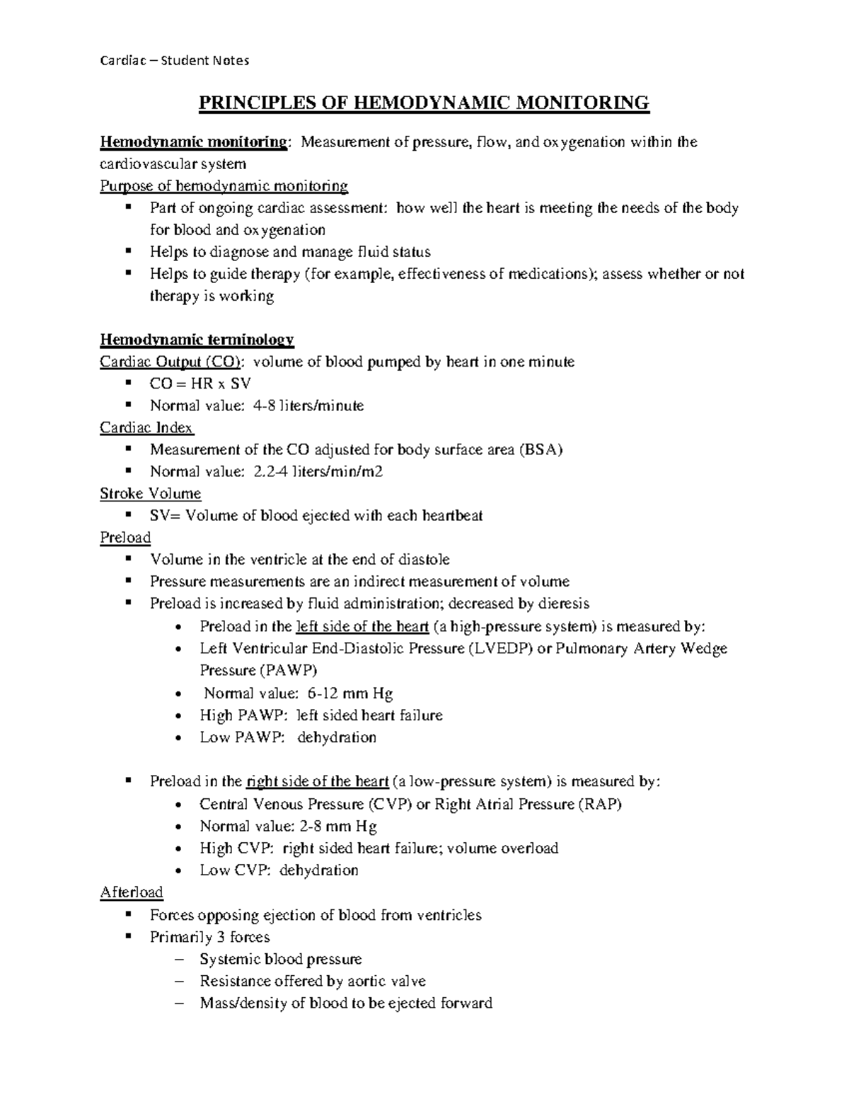 Exam 1 - Student Notes - PRINCIPLES OF HEMODYNAMIC MONITORING ...