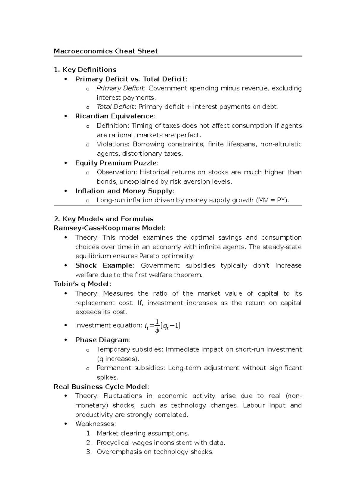 Macro 101 Final Exam Cheat Sheet: Key Concepts & Models - Studeersnel