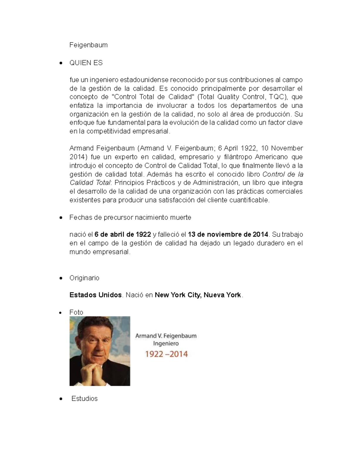 Feigenbaum - Resumen sobre Control Total de Calidad (TQC) y su Legacy ...