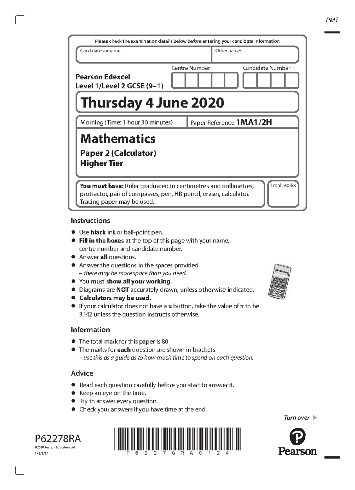 June 2020 QP - Edexcel Level 2 GCSE Mathematics Paper 2 (Calculator ...