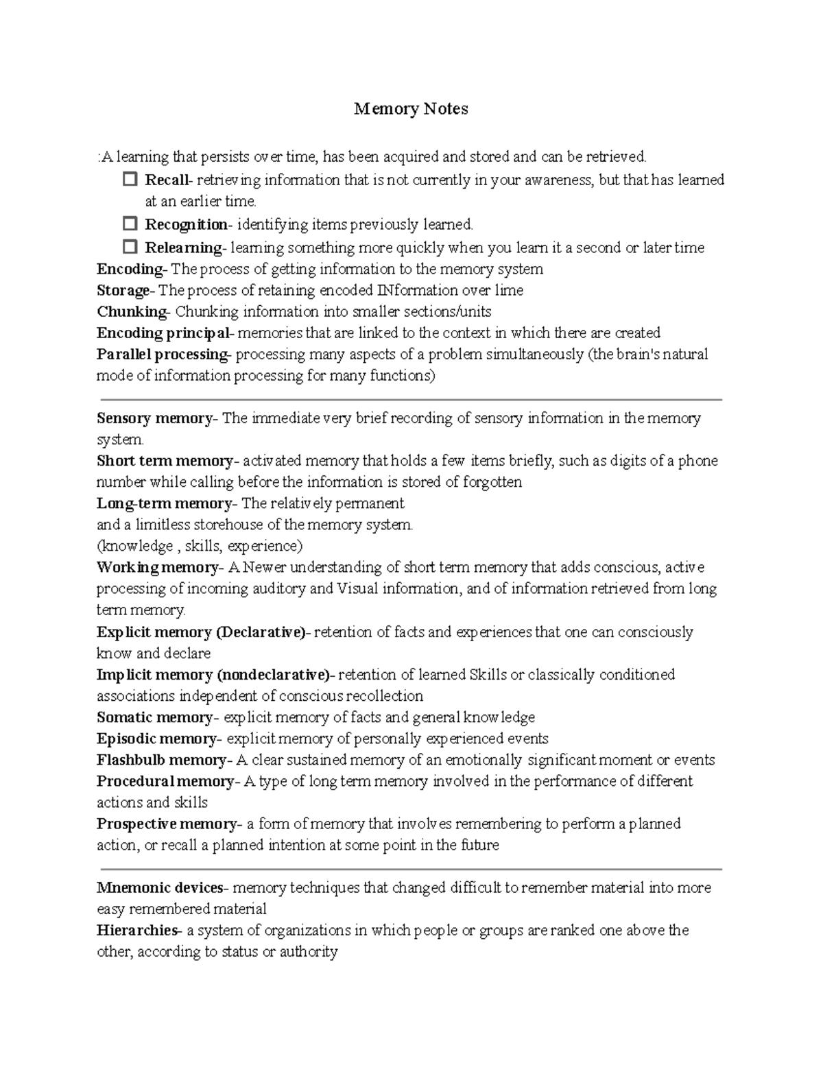 Memory of psychology notes - Memory Notes :A learning that persists ...