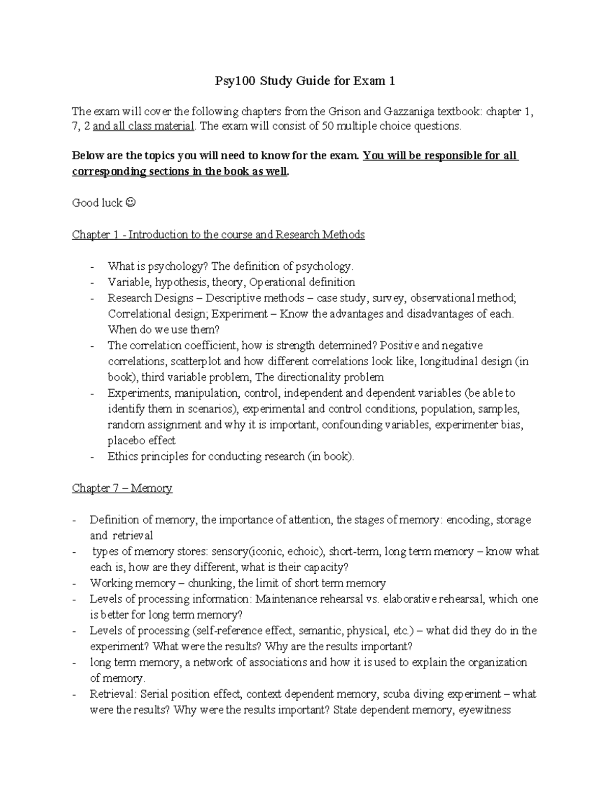 Psy100 Study Guide for Exam 1: Key Topics & Concepts - Studocu