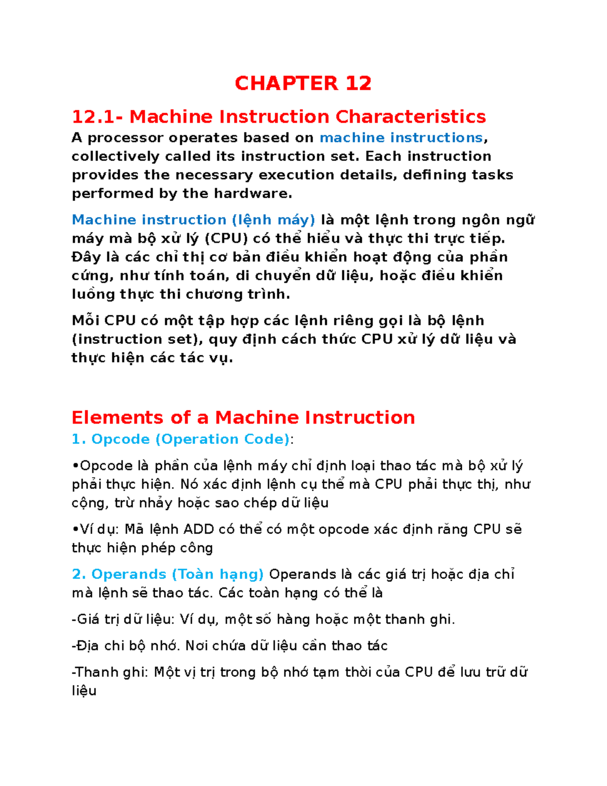 CHAPTER 12 Machine Instruction Characteristics Summary Notes - Studocu