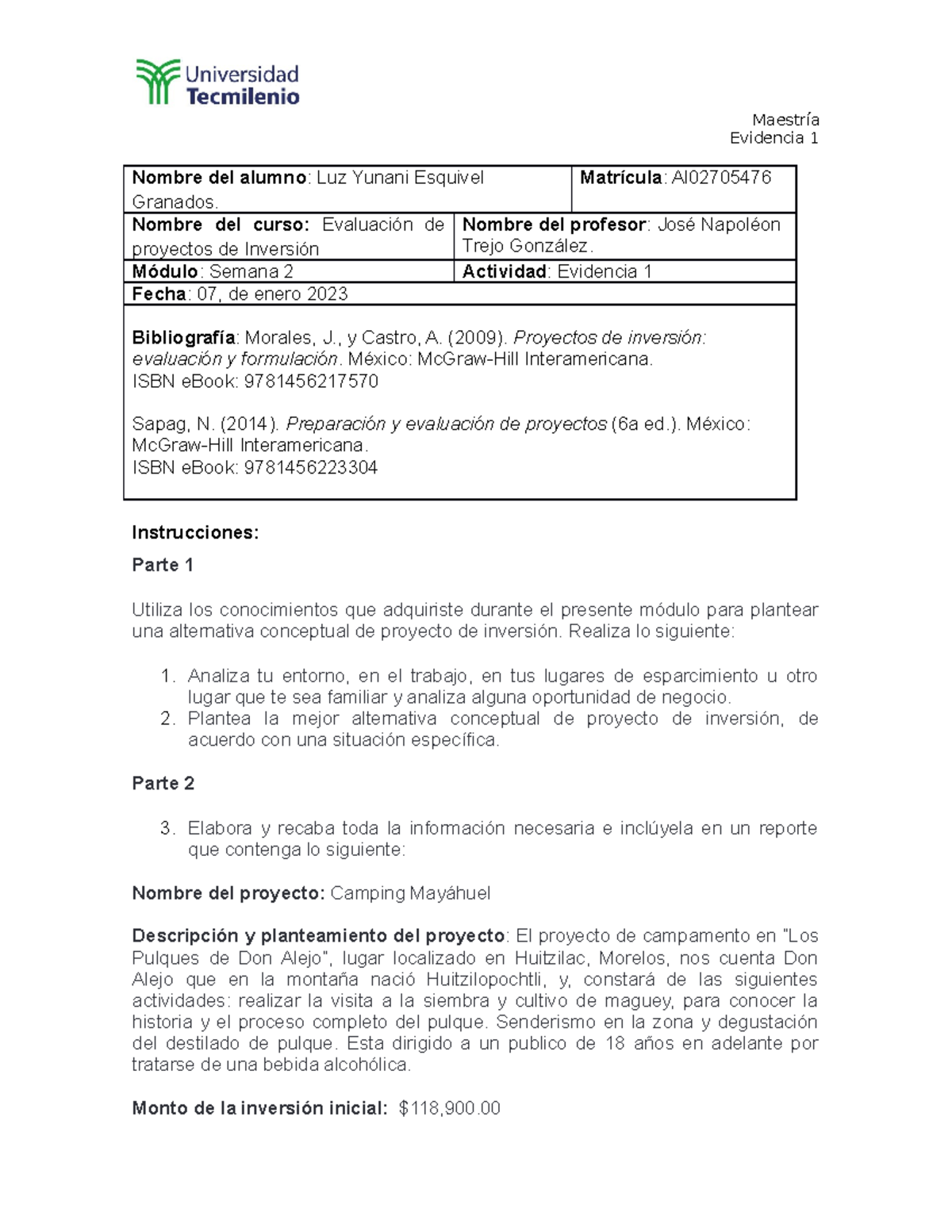 Evidencia 1 Evaluación de Proyectos de Inversión - Evidencia 1 Nombre ...