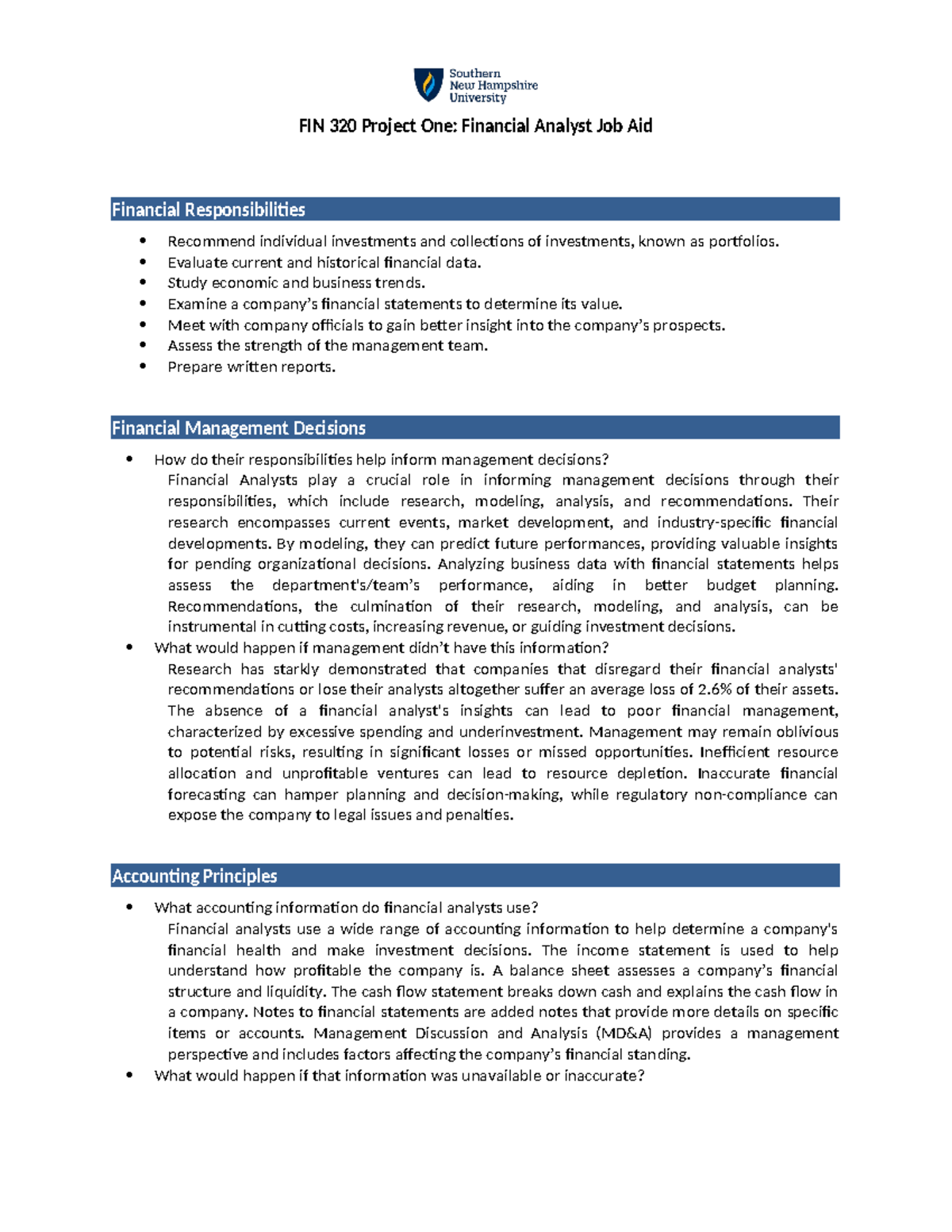 FIN 320 Project One Financial Analyst Job Aid - Evaluate current and ...