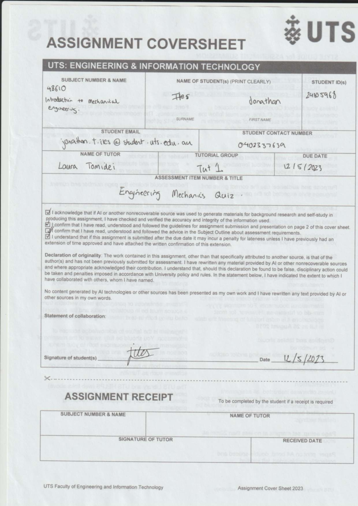 UTS: ENG 48610 Engineering Mechanics Final Exam Part 1 Cover Sheet ...
