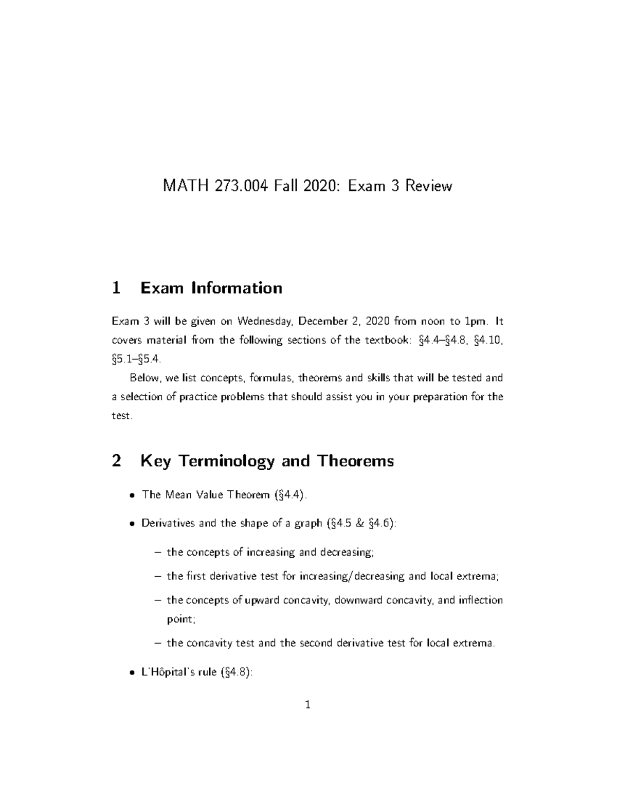 Exam 3 Review(1) real - Review Questions - MATH 273 Fall 2020: Exam 3 ...