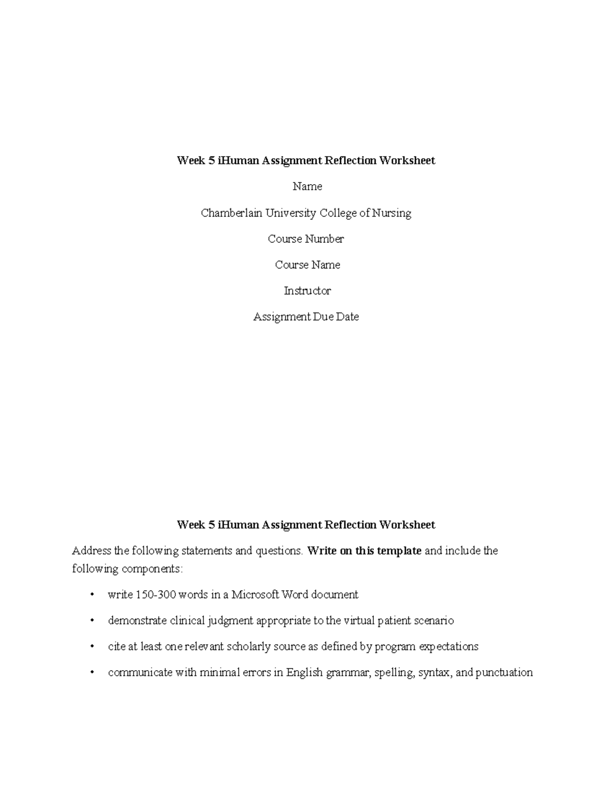 Week 5 iHuman Assignment Reflection - Chamberlain University - Studocu
