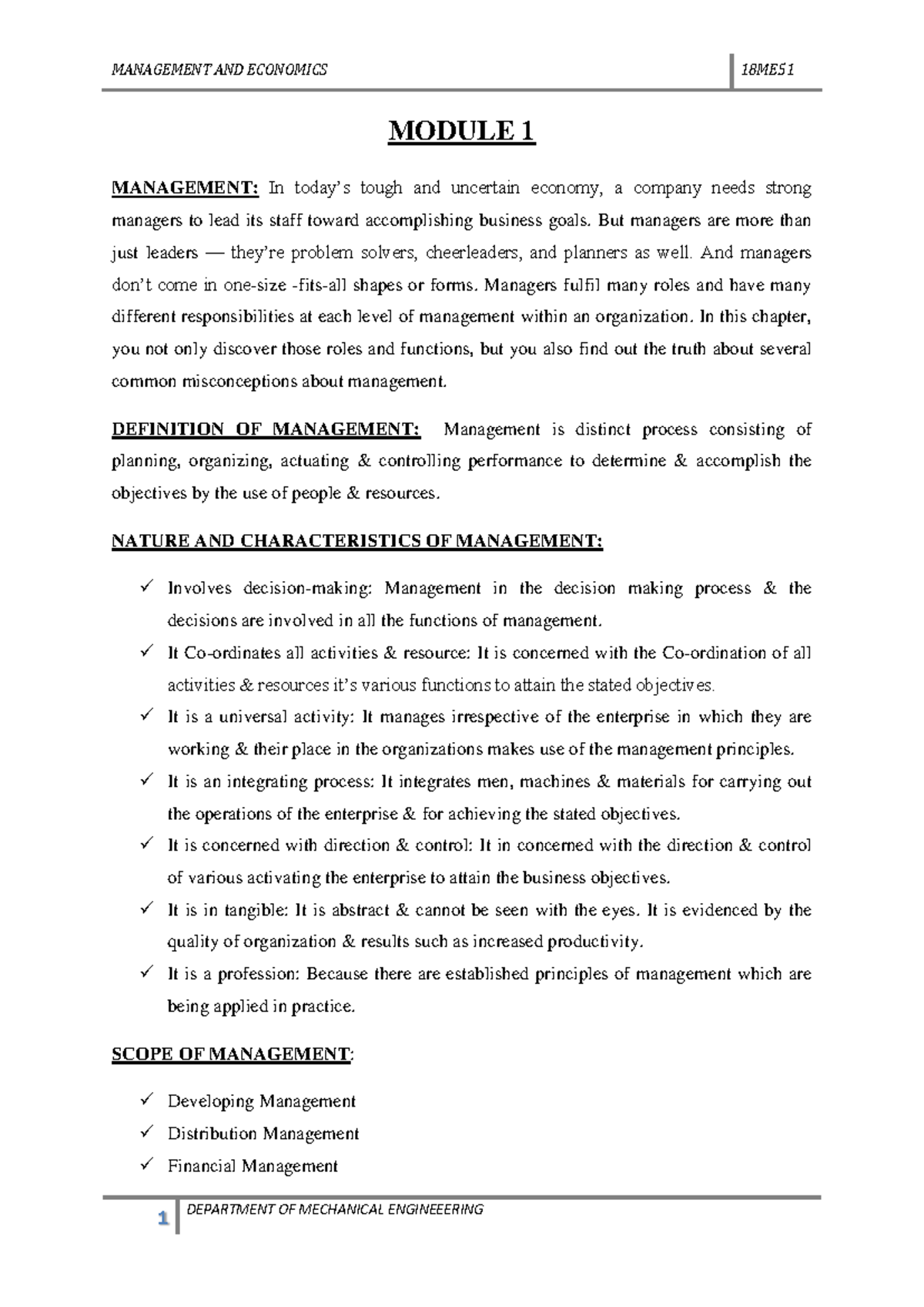 M&E 18ME51 Management & Economics Notes: Modules 1 & 2 Overview - Studocu