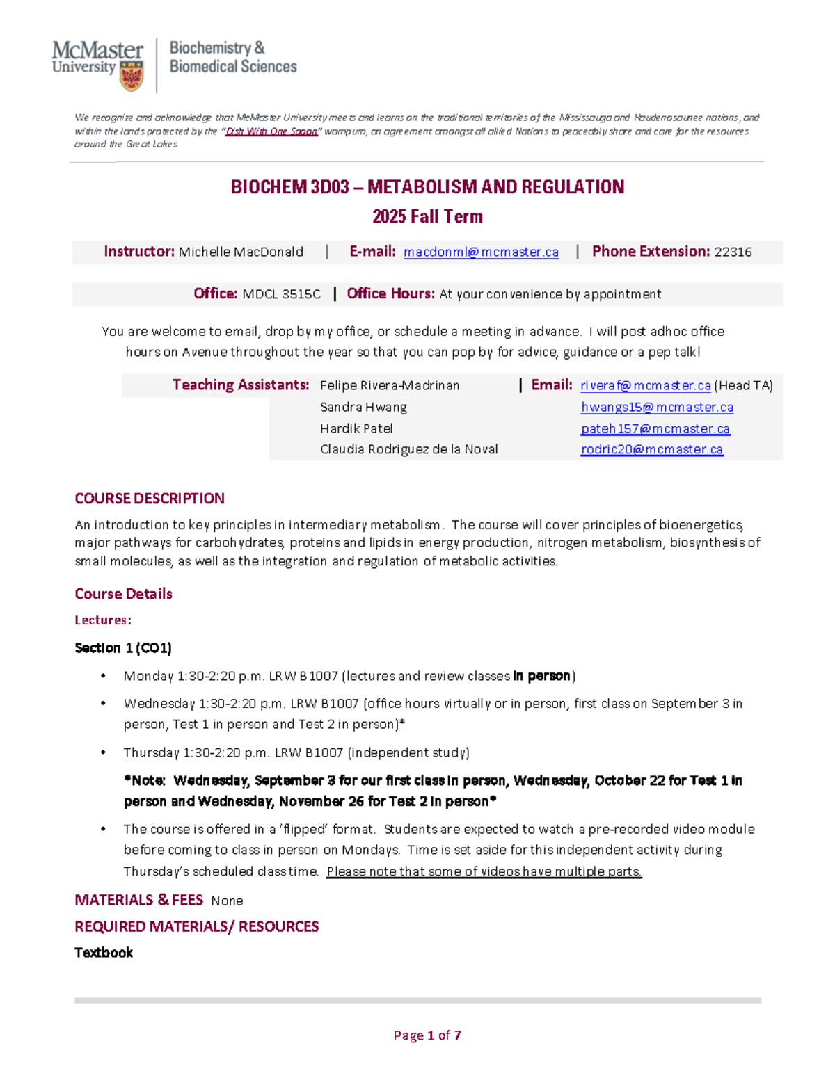 Biochem 3D03 - Metabolism and Regulation Course Outline Fall 2025 - Studocu