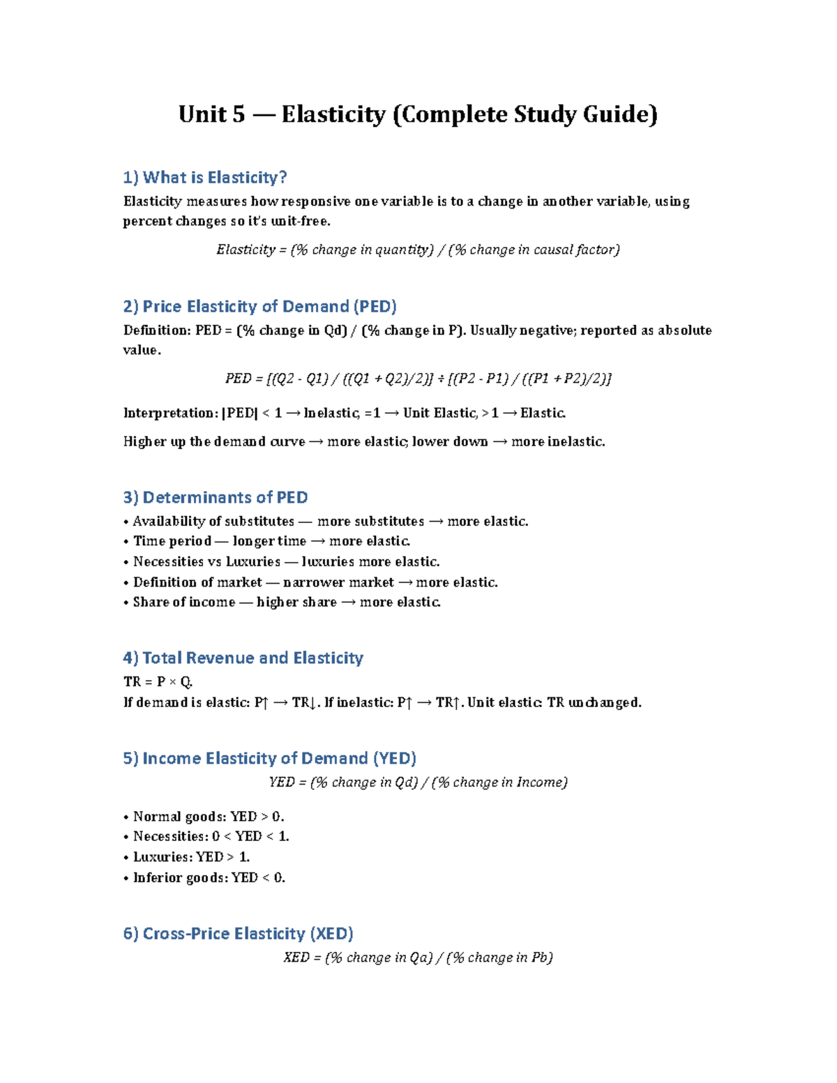 Unit 5 Elasticity Study Guide: Key Concepts and Definitions - Studocu