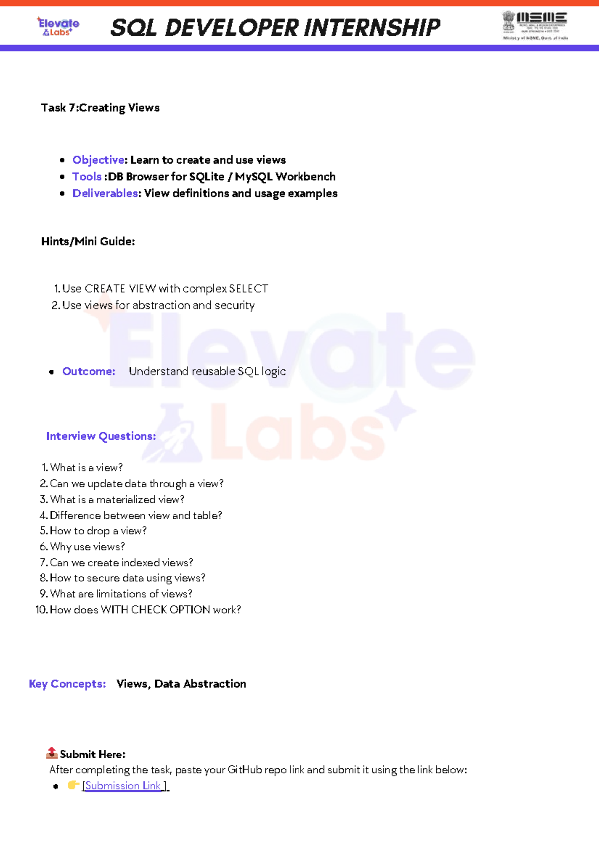 SQL DEVELOPER INTERNSHIP: Task 7 - Creating Views Guide - Studocu